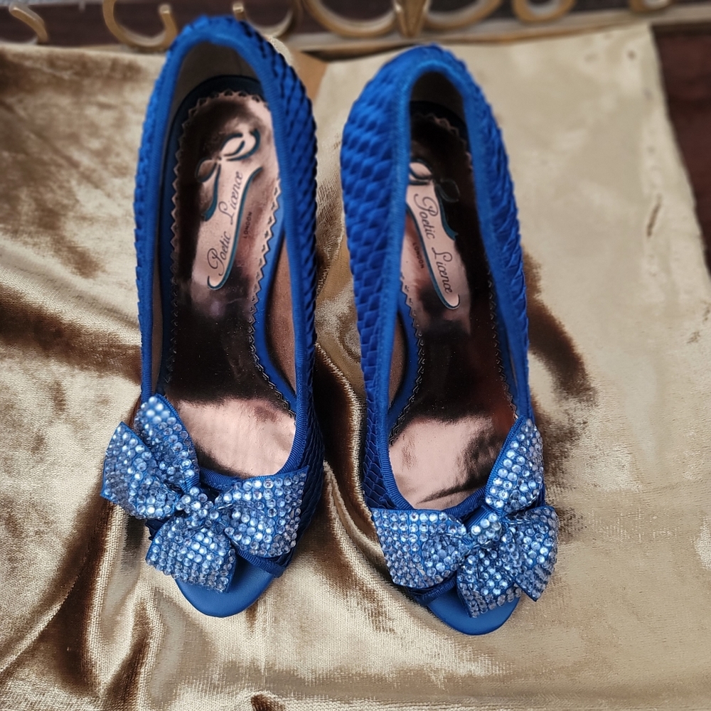 Poetic License Royal Blue with Sarkly Bow High Heels Size 36.5 US 6 - Picture 4 of 7